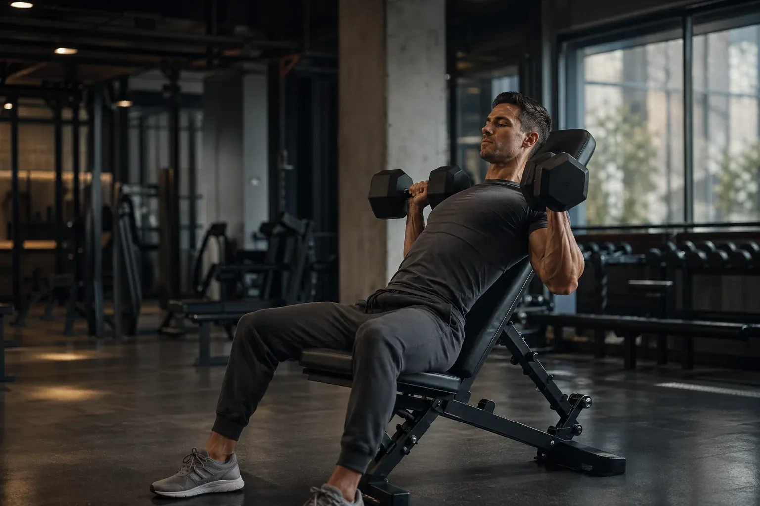 Athlète masculin exécutant un développé incliné haltères sur banc à 30-45 degrés, haut des pectoraux et deltoïdes antérieurs travaillés