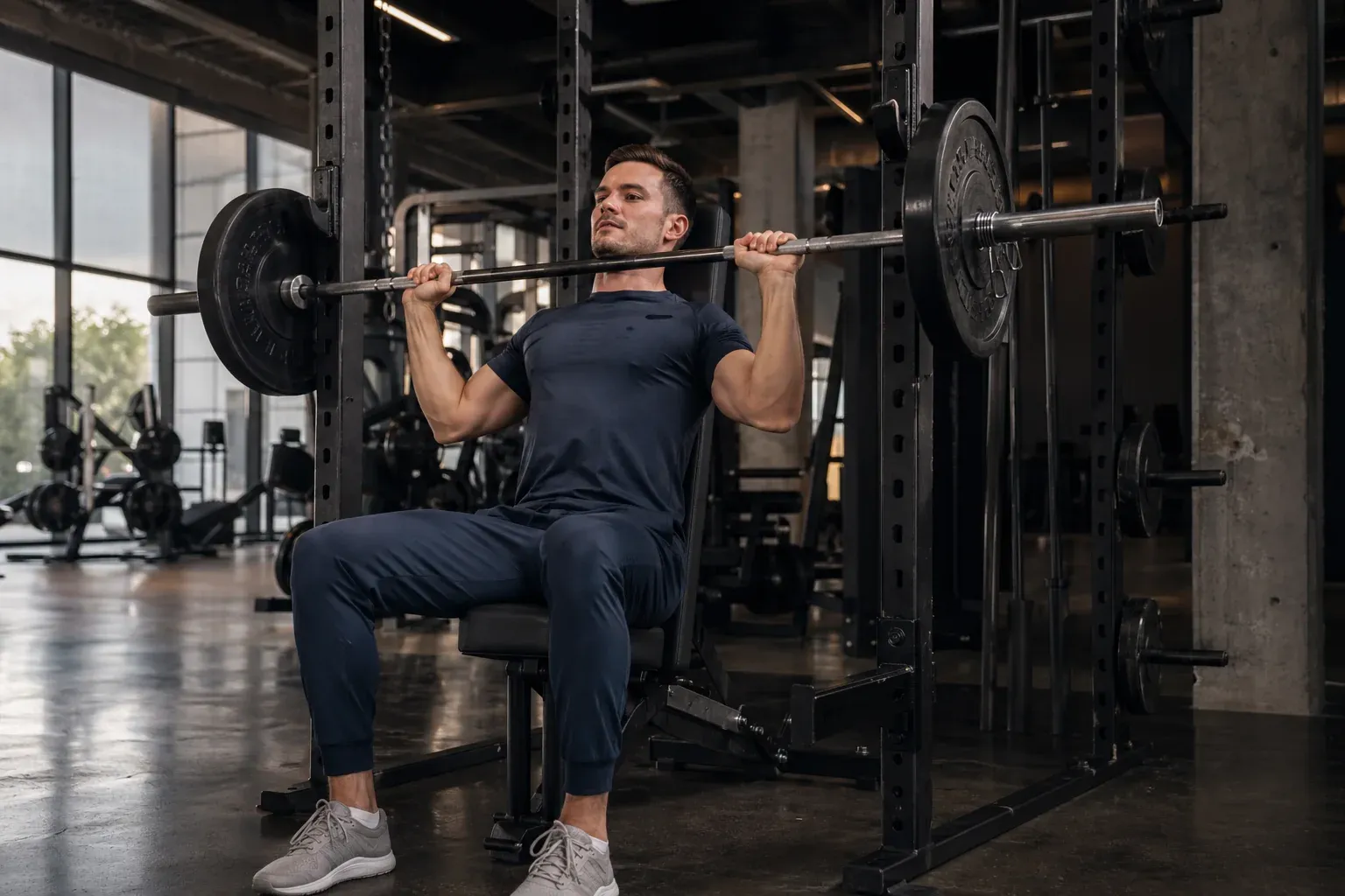 Athlète masculin exécutant un développé militaire à la barre, assis sur banc à 90 degrés avec rack, deltoïdes et triceps travaillés