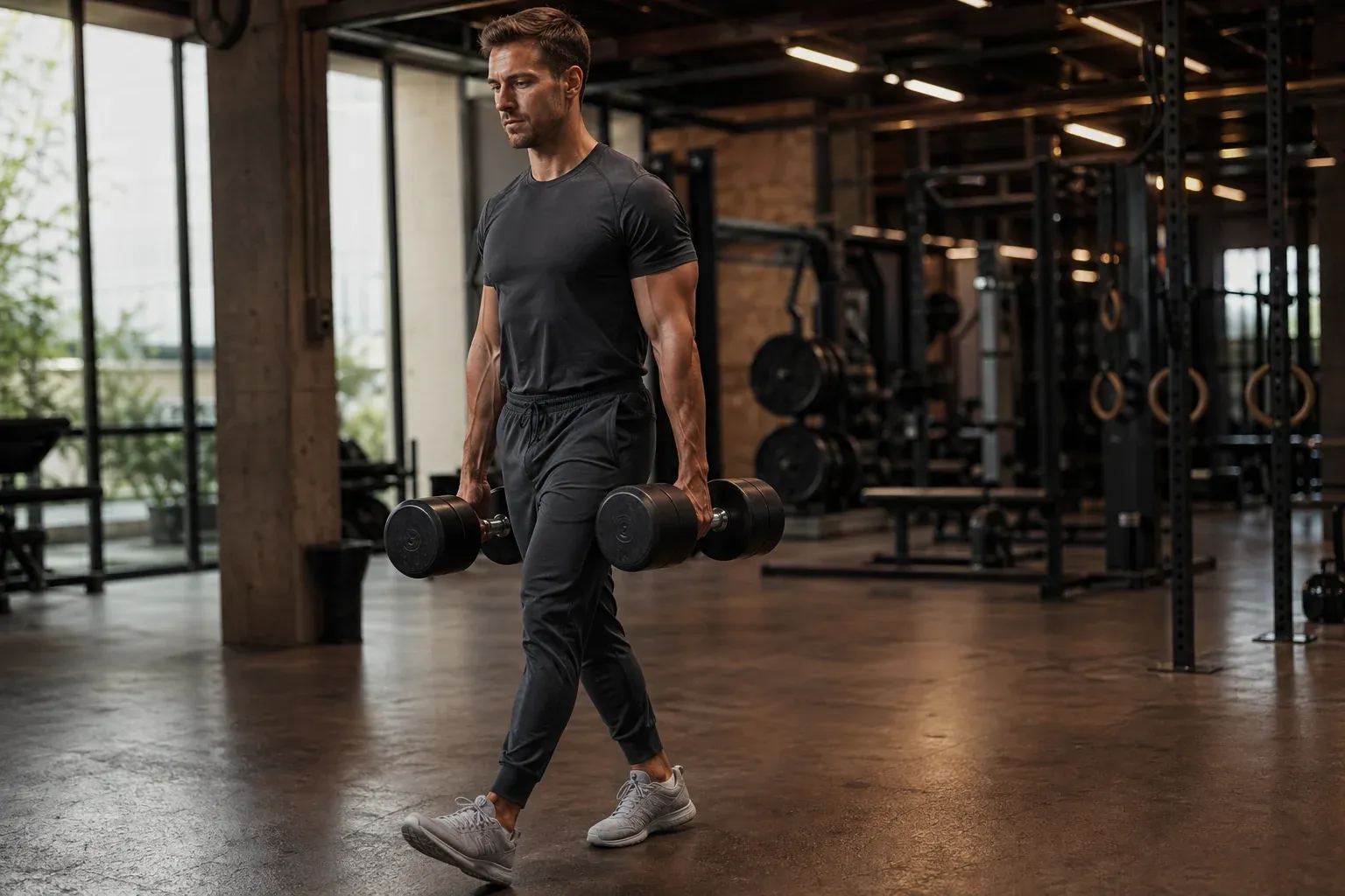 Athlète masculin exécutant un farmer's walk avec haltères, posture droite, gainage 360 actif et grip ferme