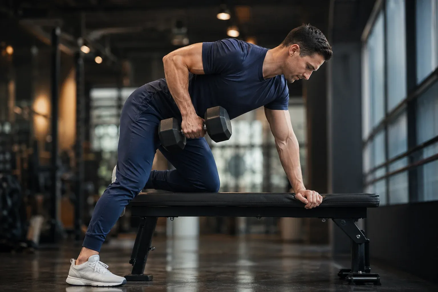 Athlète masculin exécutant un rowing haltère un bras, genou et main appuyés sur banc plat, grand dorsal travaillé en unilatéral