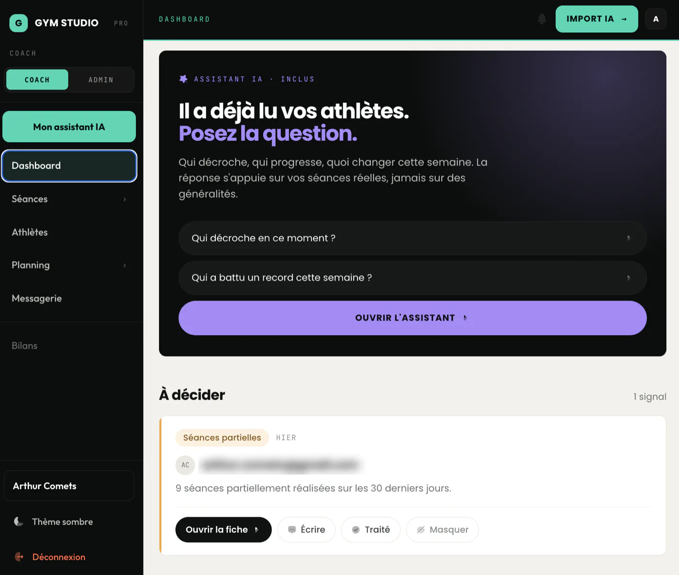 Assistant IA du back-office Gym Studio : signaux de décrochage à décider et actions de relance proposées