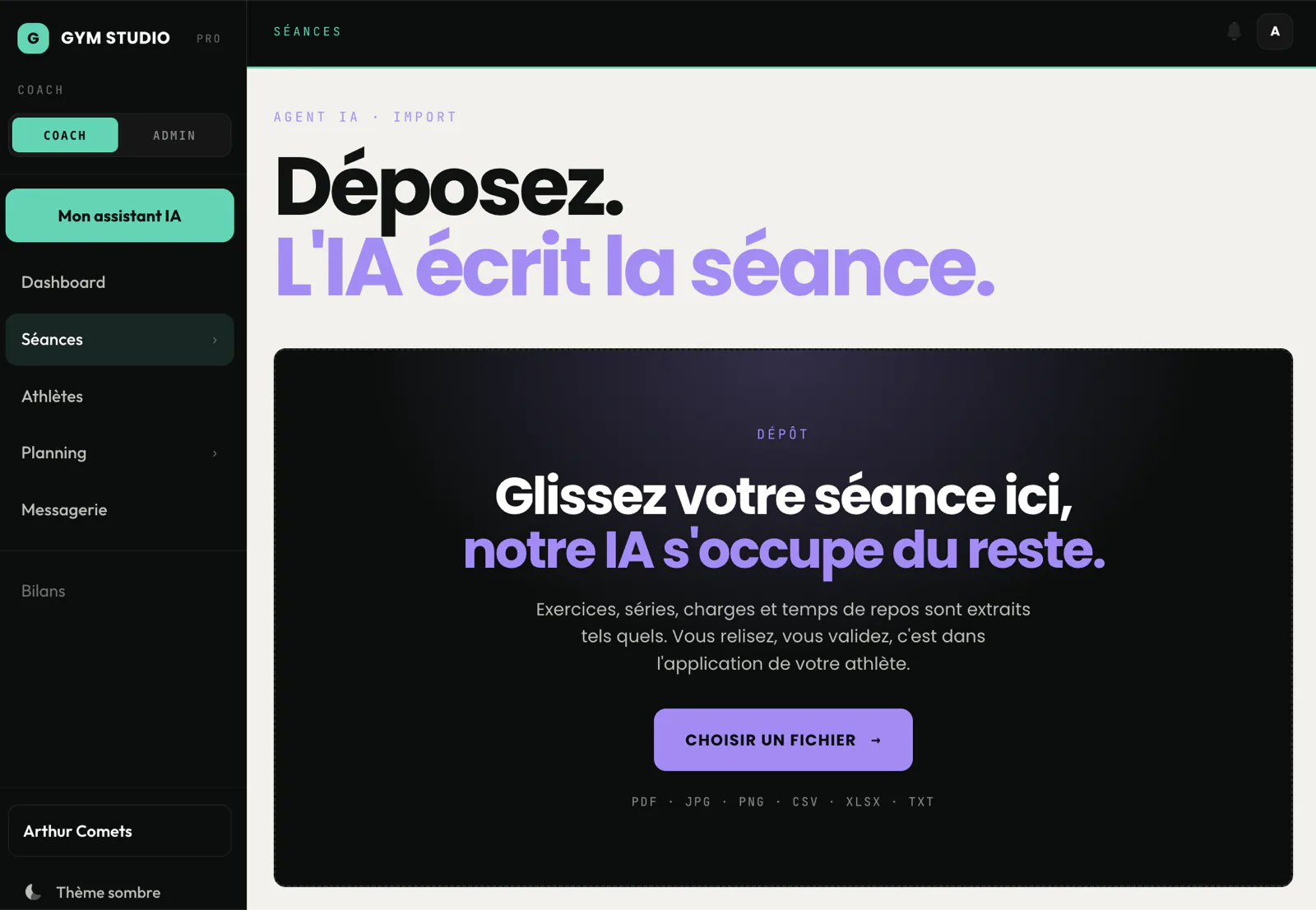 Écran d'import IA du back-office Gym Studio : dépôt de fichier PDF, Excel ou photo, et extraction automatique de la séance