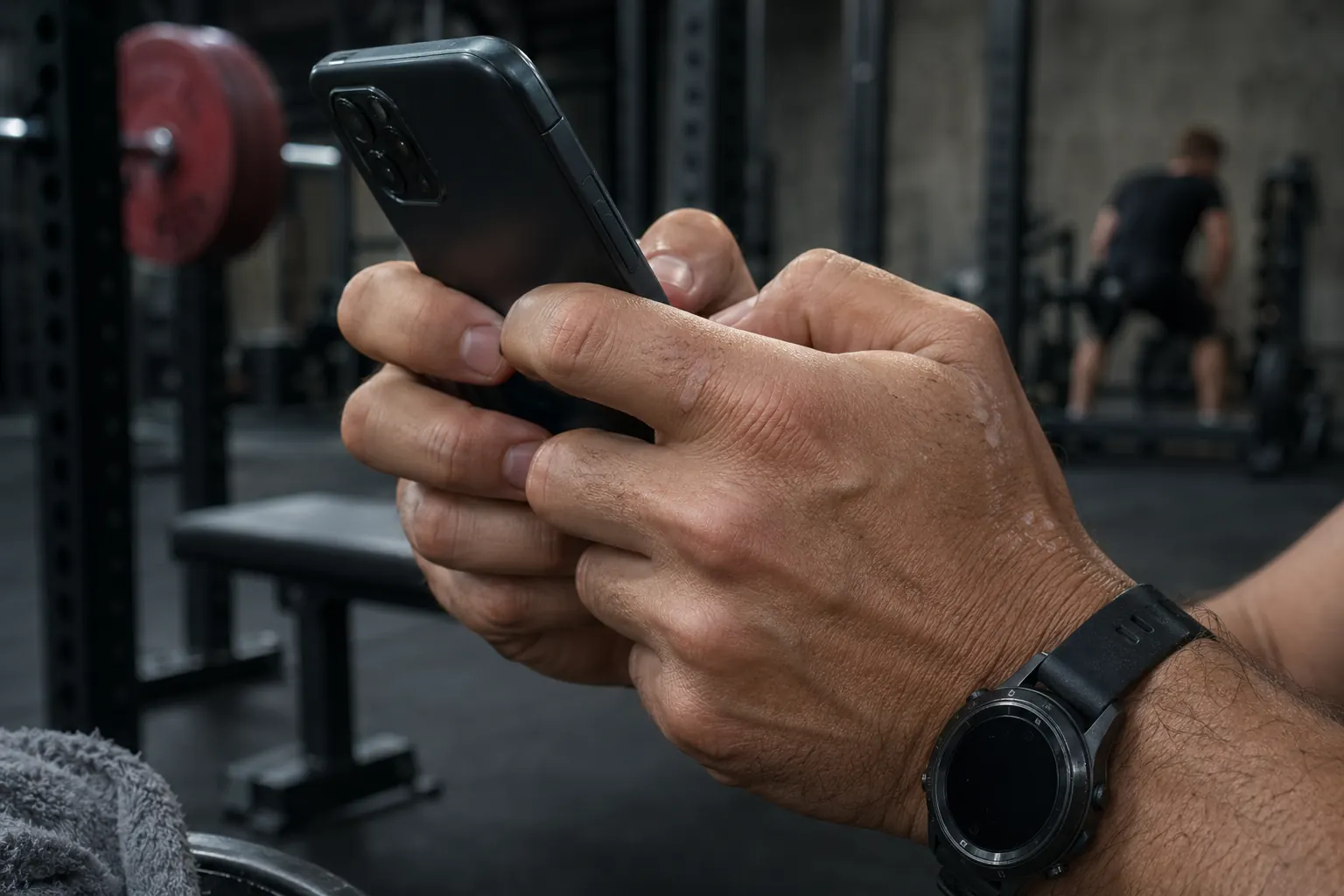 Mains d'un coach sportif important une séance dans l'application Gym Studio depuis un smartphone, salle de musculation premium