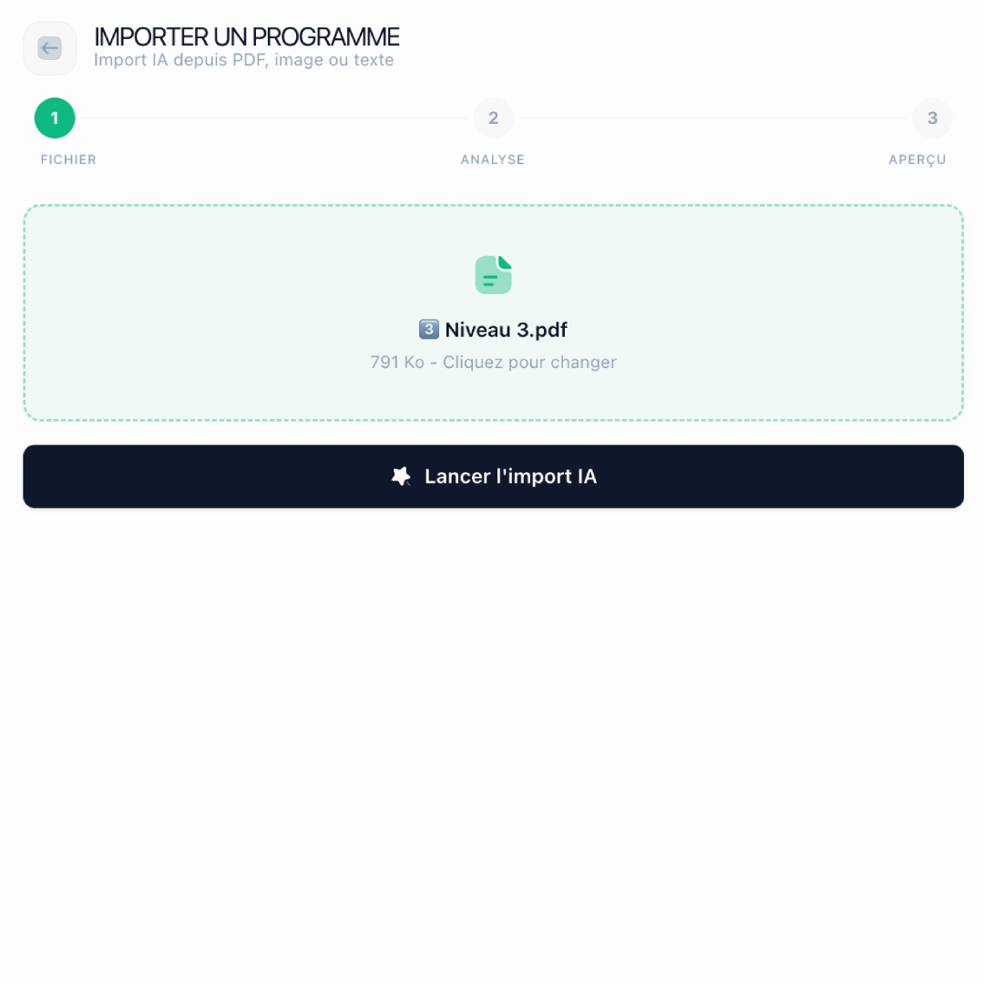 Modale d'import IA dans le back-office Gym Studio : sources PDF, Excel, Google Sheets, photo et dictée vocale, avec analyse en cours