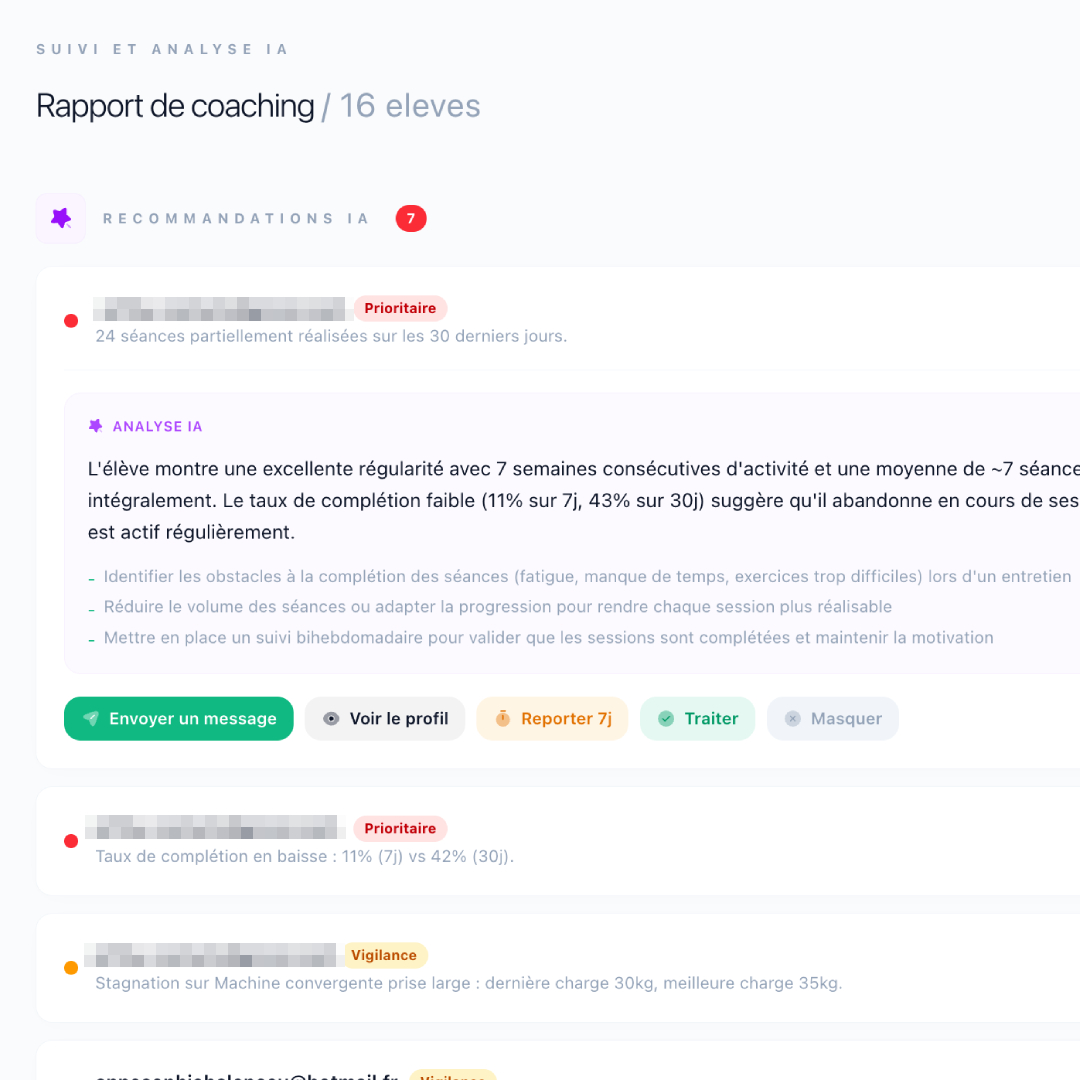 Vue de suivi temps réel dans le back-office Gym Studio : alertes décrochage, records battus et historique d'entraînement par athlète