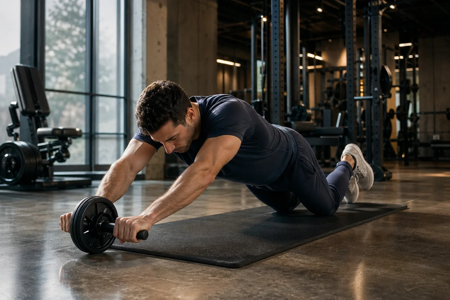 Athlète masculin exécutant un ab wheel rollout depuis les genoux, gainage anti-extension actif, core et dorsaux travaillés