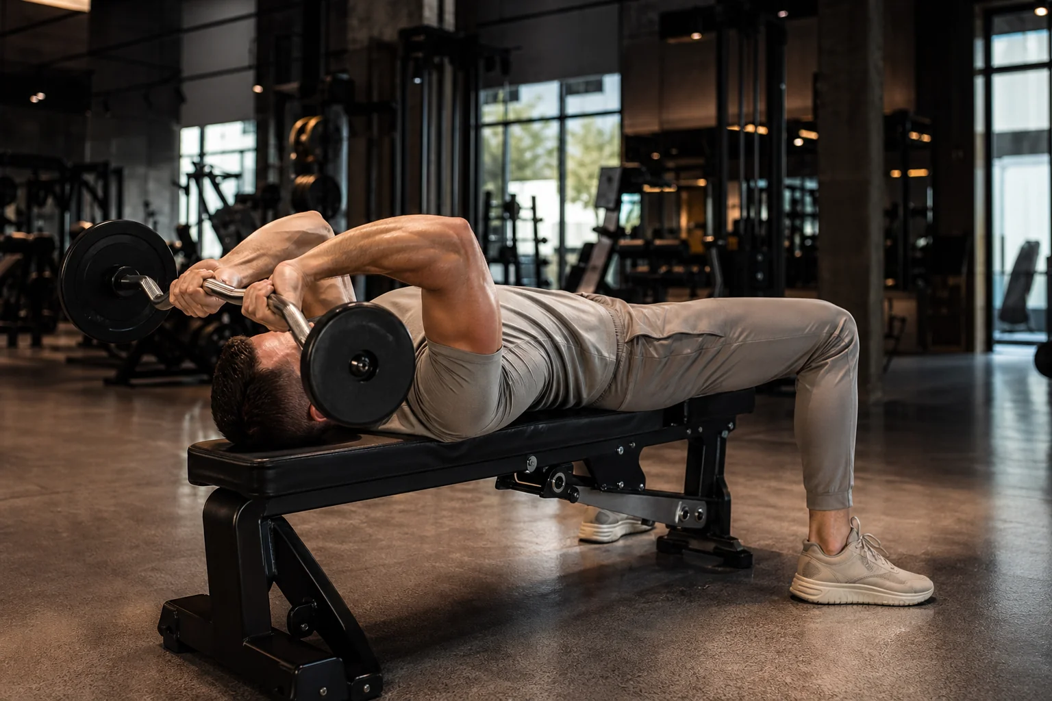 Athlète masculin exécutant un skull crusher (barre au front) à la barre EZ sur banc plat, triceps long chef étiré