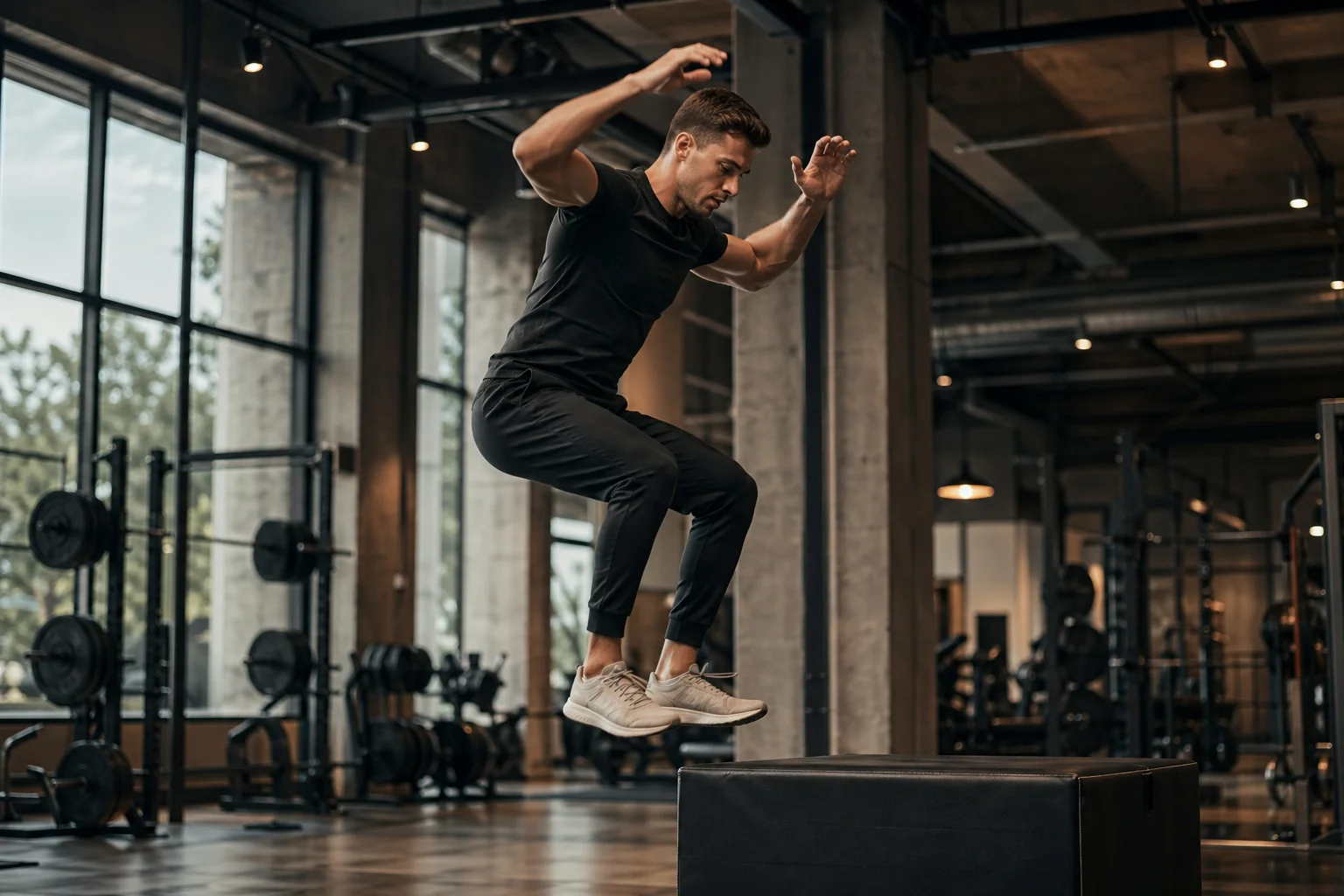 Athlète masculin exécutant un box jump phase de décollage, hanches en extension, bras qui montent pour la pliométrie verticale