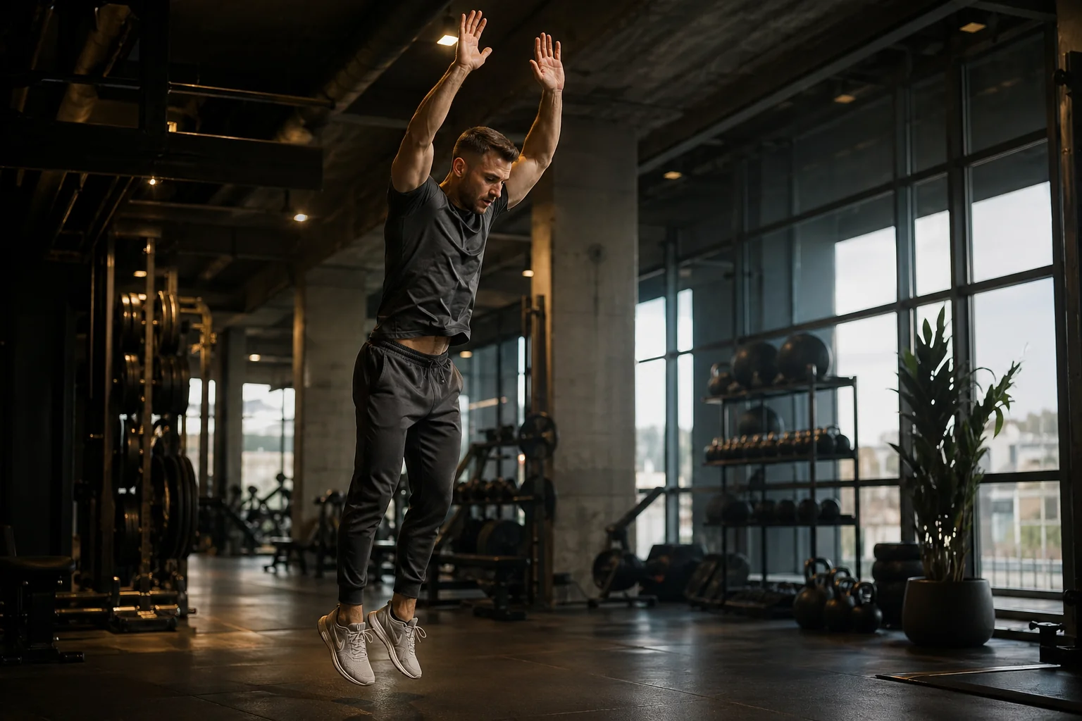 Athlète masculin exécutant un burpee phase de saut, bras tendus au-dessus de la tête, corps en extension