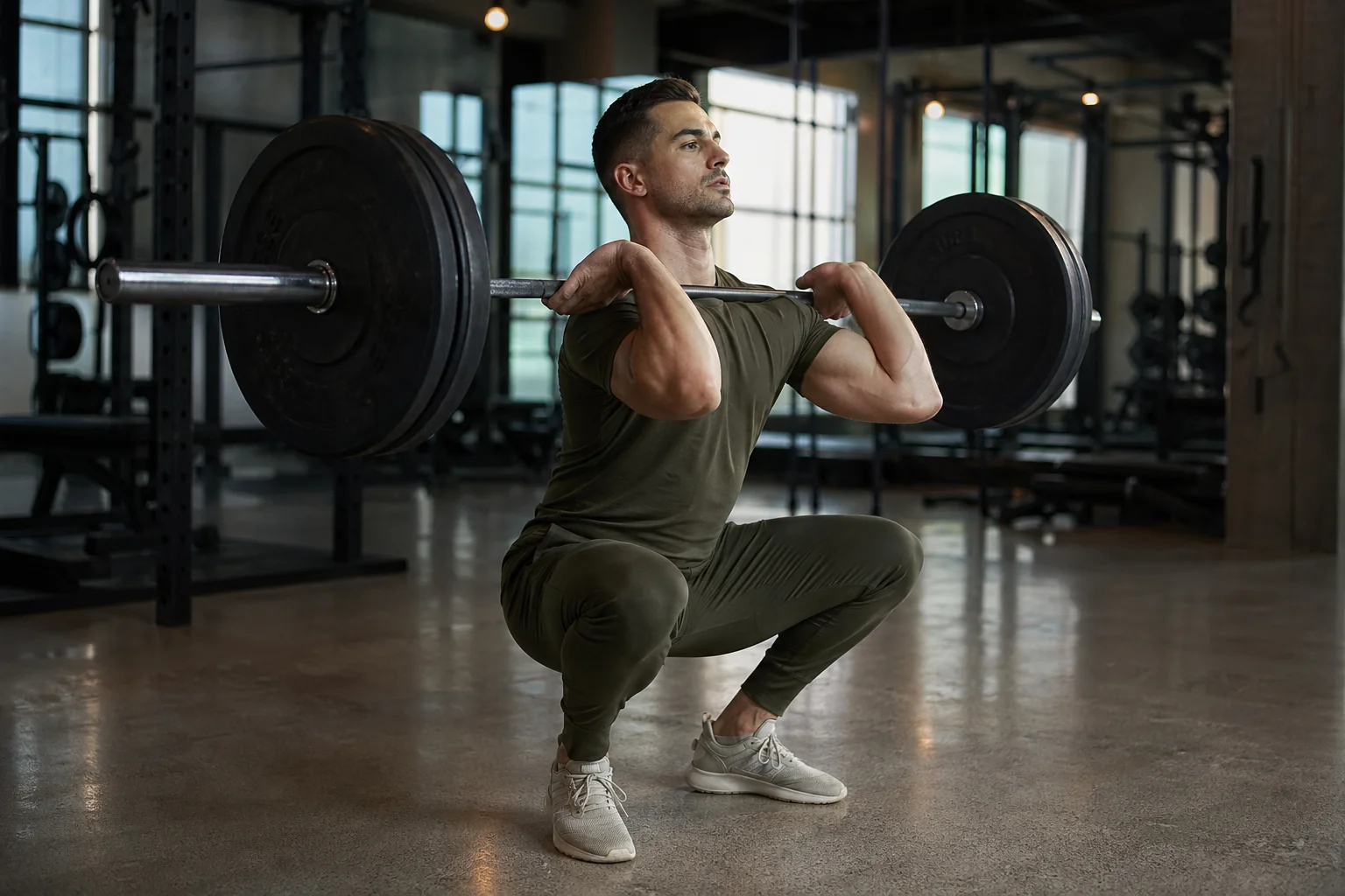 Athlète masculin exécutant la phase de catch d'un clean barre, position front rack avec coudes hauts et squat profond