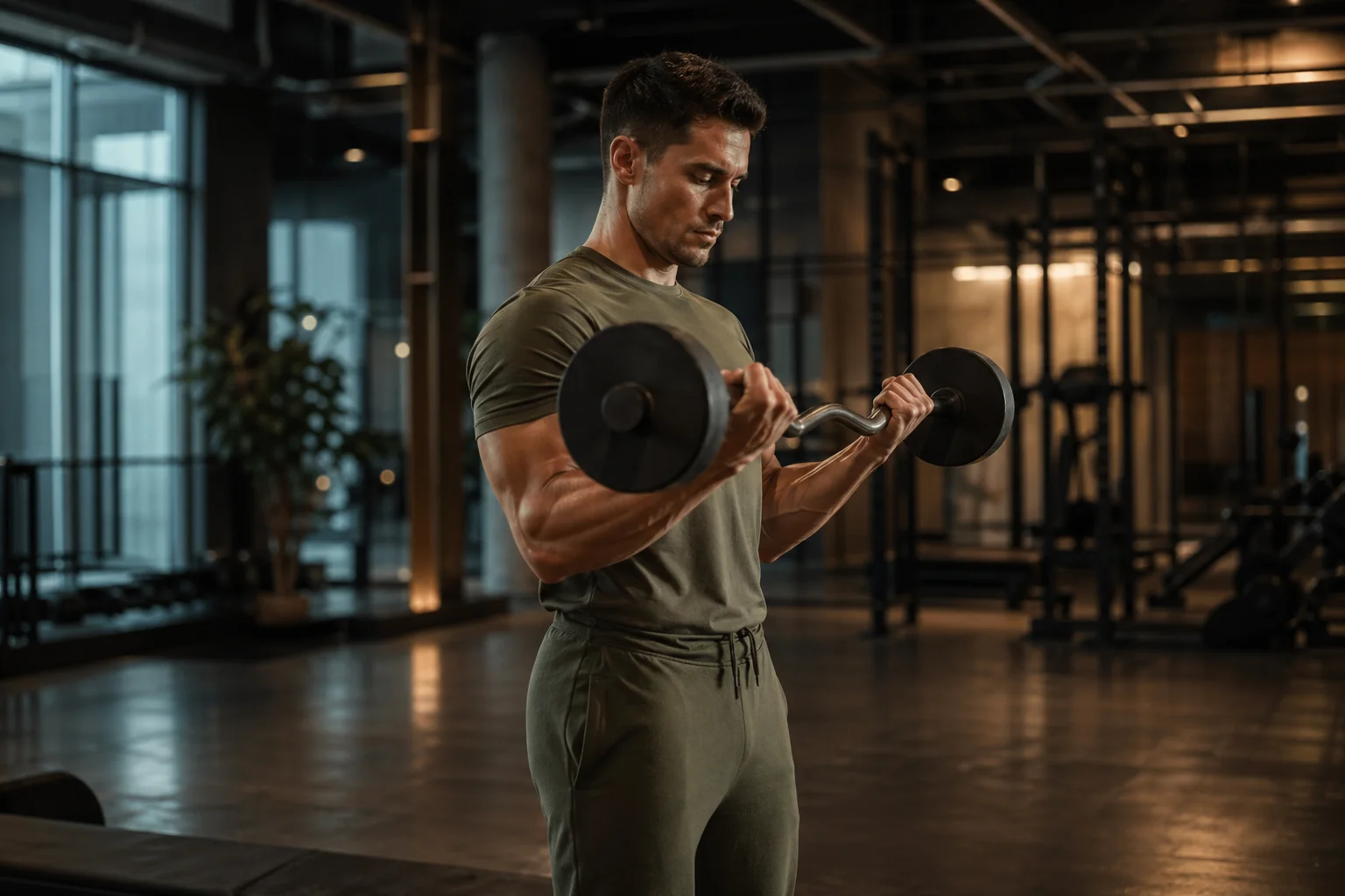 Athlète masculin exécutant un curl biceps à la barre EZ debout, biceps brachial et brachial antérieur travaillés