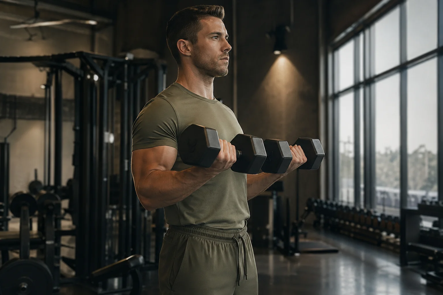 Athlète exécutant un curl biceps haltères debout en supination, biceps brachial travaillé en isolation