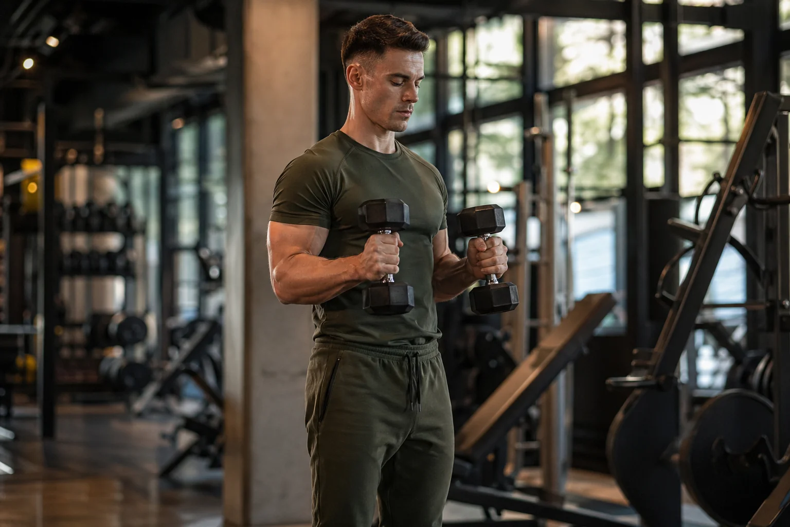 Athlète masculin exécutant un curl marteau haltères, prise neutre, brachial antérieur et brachioradial travaillés