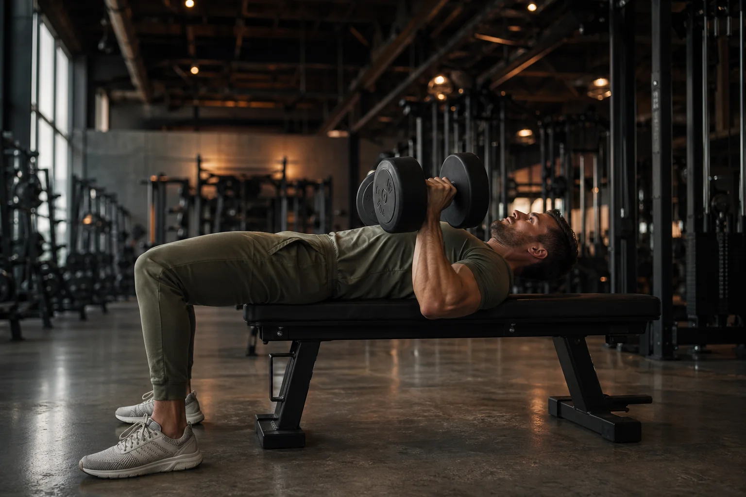 Athlète masculin exécutant un développé couché haltères sur banc plat, pectoraux et triceps travaillés, amplitude libre