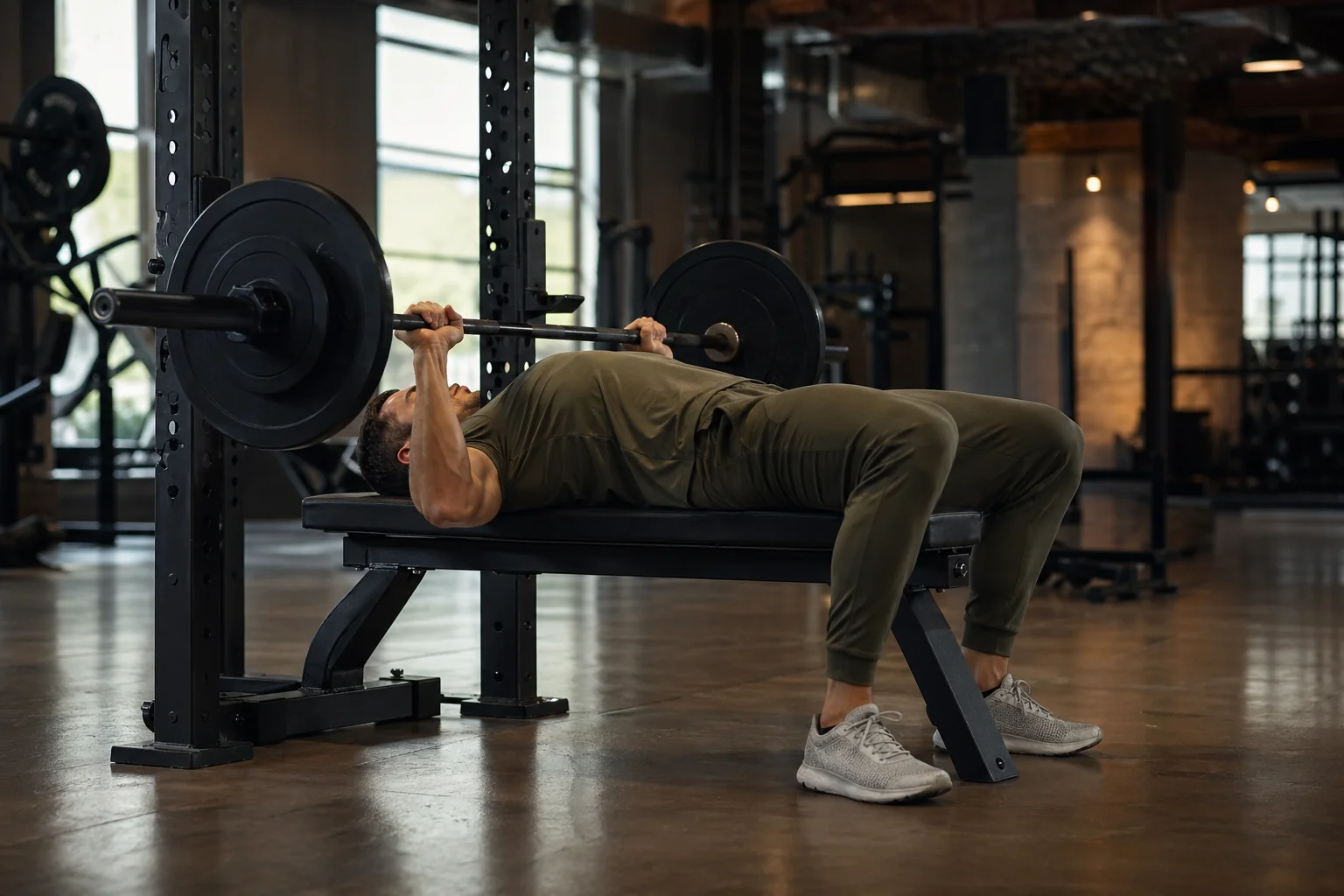 Athlète exécutant un développé couché à la barre sur banc plat, pectoraux, triceps et deltoïdes antérieurs travaillés