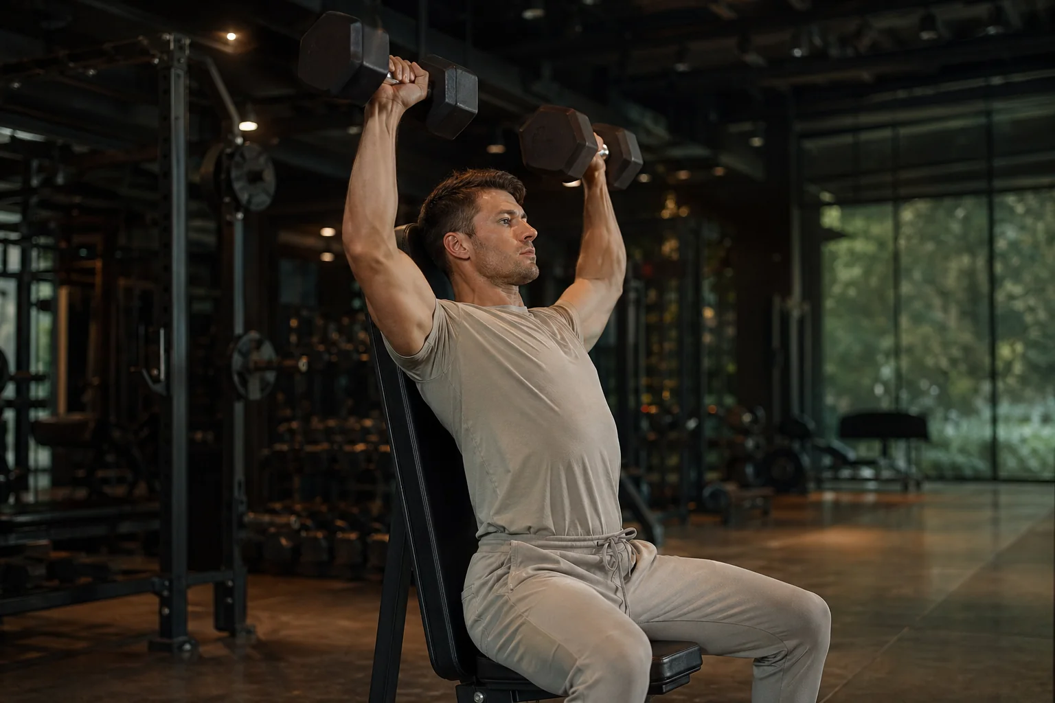 Athlète masculin exécutant un développé haltères assis sur banc 90 degrés, deltoïdes et triceps travaillés