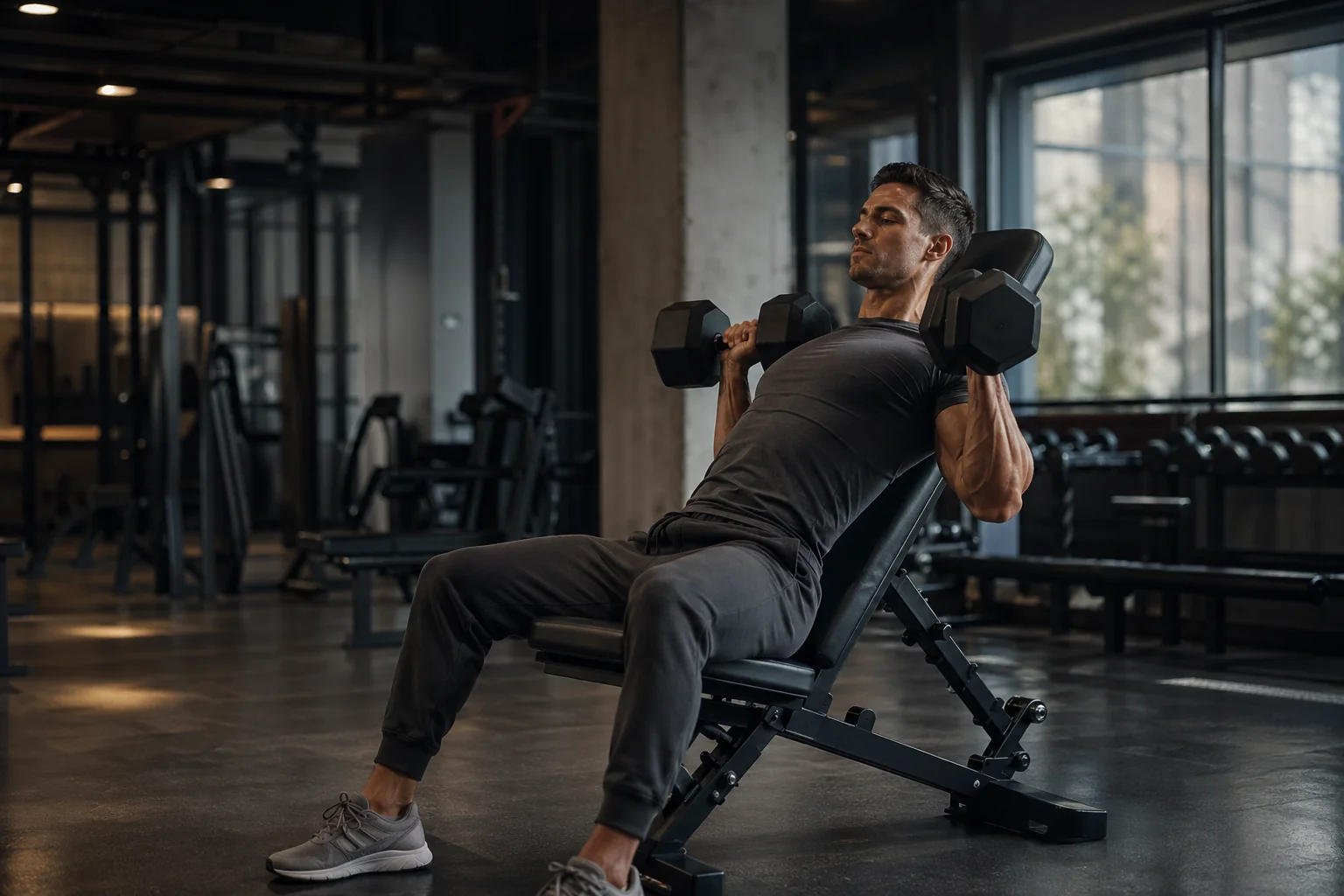 Athlète masculin exécutant un développé incliné haltères sur banc à 30-45 degrés, haut des pectoraux et deltoïdes antérieurs travaillés