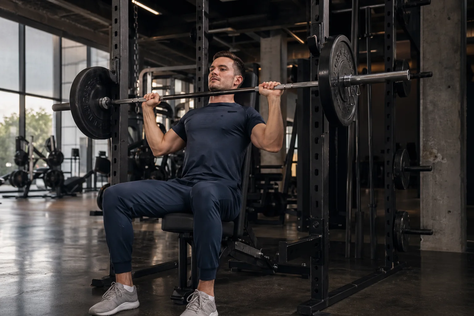 Athlète masculin exécutant un développé militaire à la barre, assis sur banc à 90 degrés avec rack, deltoïdes et triceps travaillés