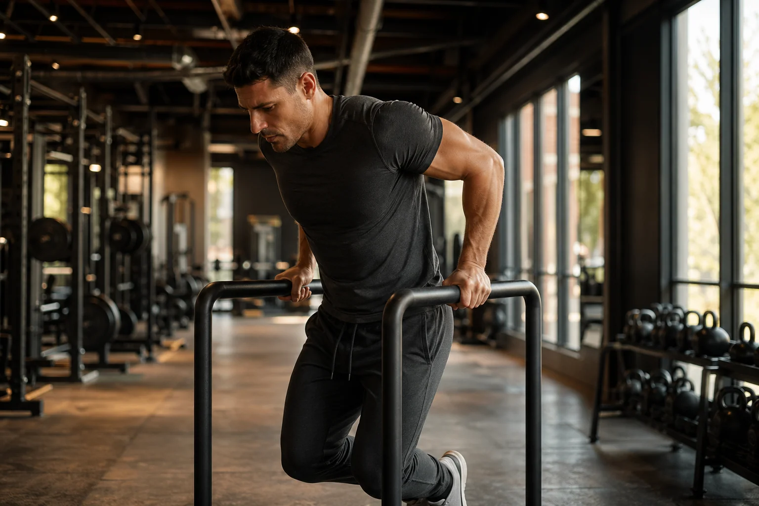 Athlète masculin exécutant des dips entre barres parallèles, buste légèrement penché, pectoraux et triceps travaillés