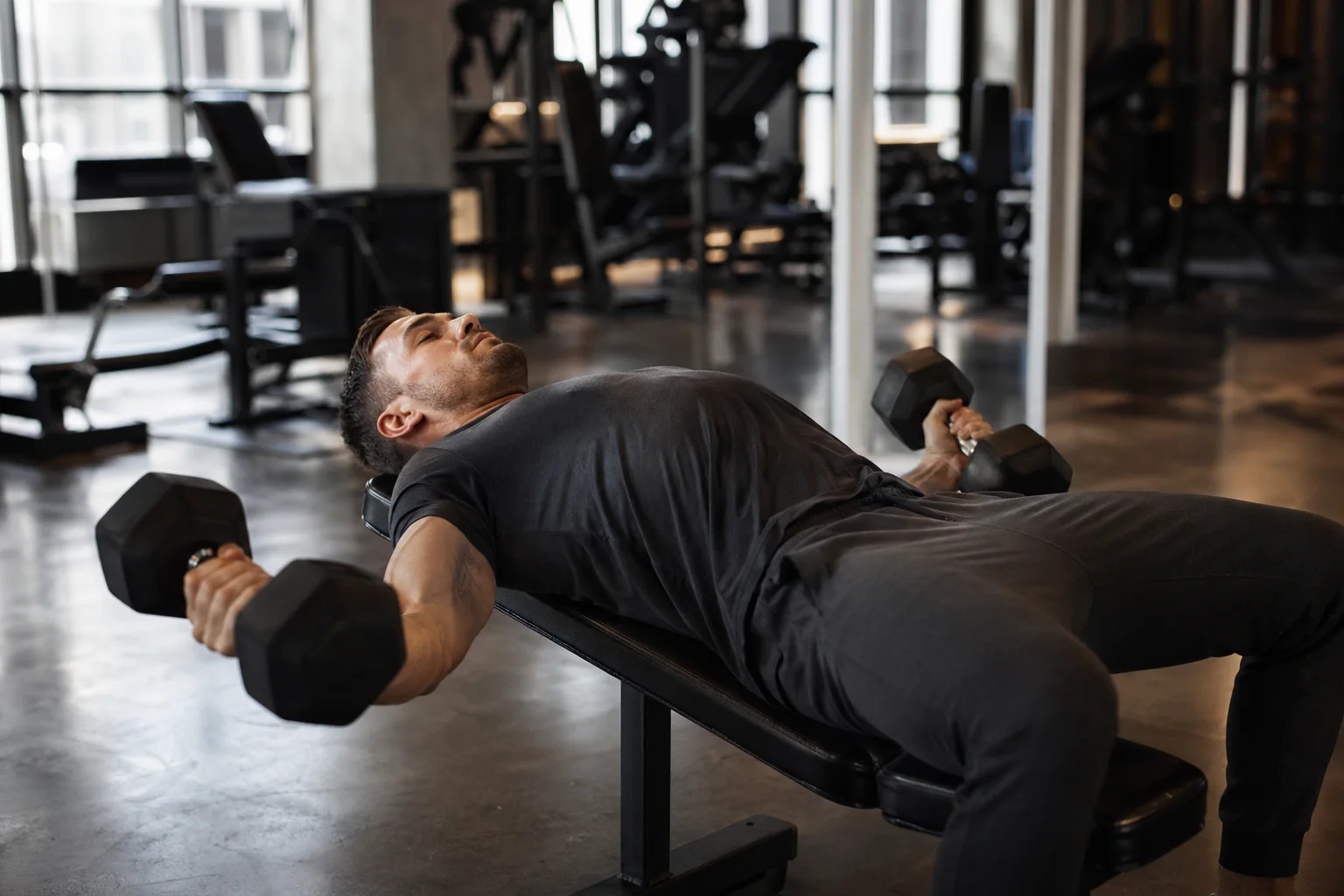 Athlète masculin exécutant un écarté haltères couché sur banc plat, grand pectoral isolé en étirement et contraction