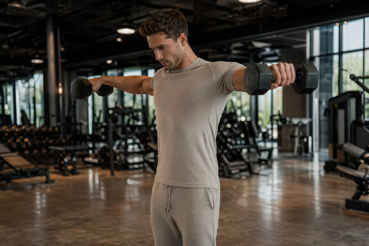Athlète masculin exécutant des élévations latérales haltères debout, deltoïde latéral travaillé en isolation