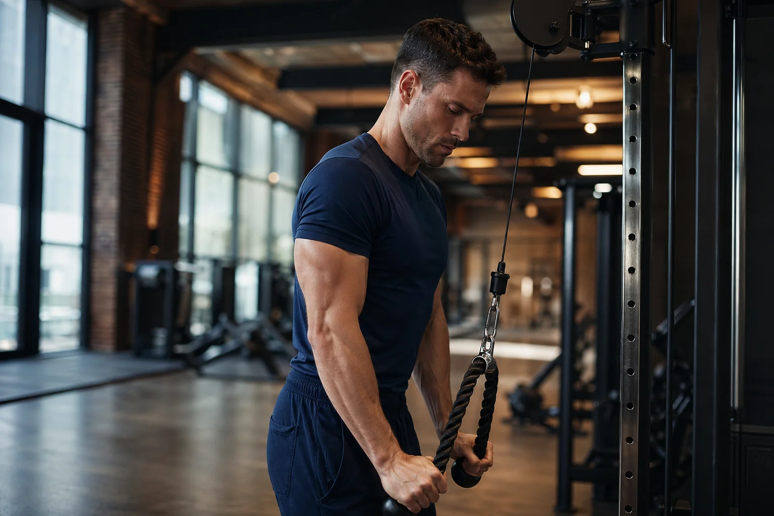 Athlète masculin exécutant une extension triceps à la poulie haute avec corde, triceps brachial isolé en contraction
