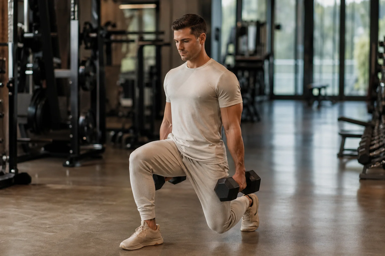 Athlète exécutant une fente avant aux haltères, jambe avant fléchie à 90 degrés, quadriceps et fessiers travaillés