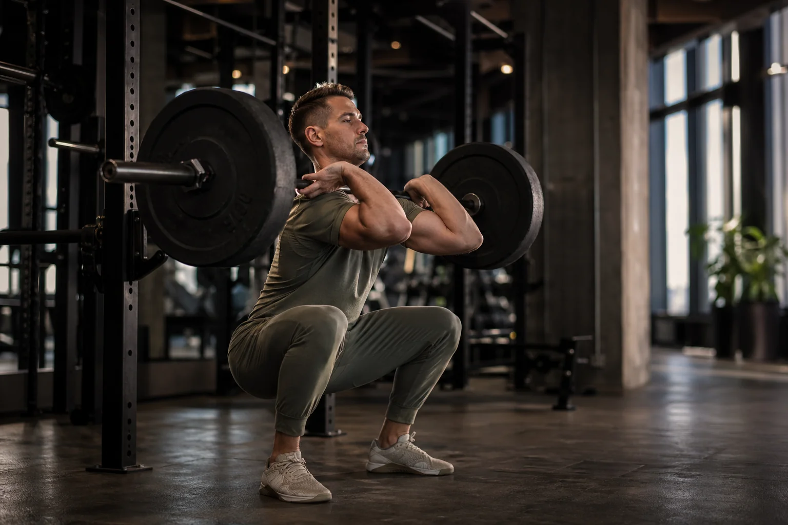 Athlète masculin exécutant un front squat à la barre, prise front-rack avec coudes hauts, quadriceps et core travaillés