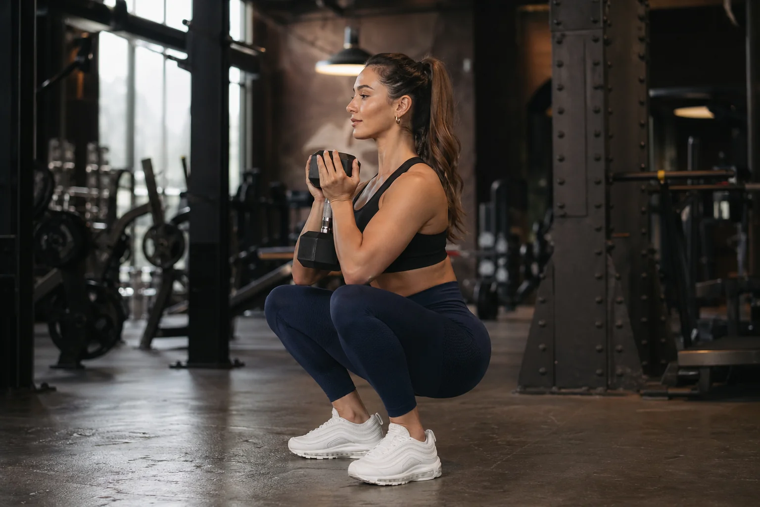 Athlète féminine exécutant un goblet squat avec haltère contre la poitrine, quadriceps et fessiers travaillés, posture verticale