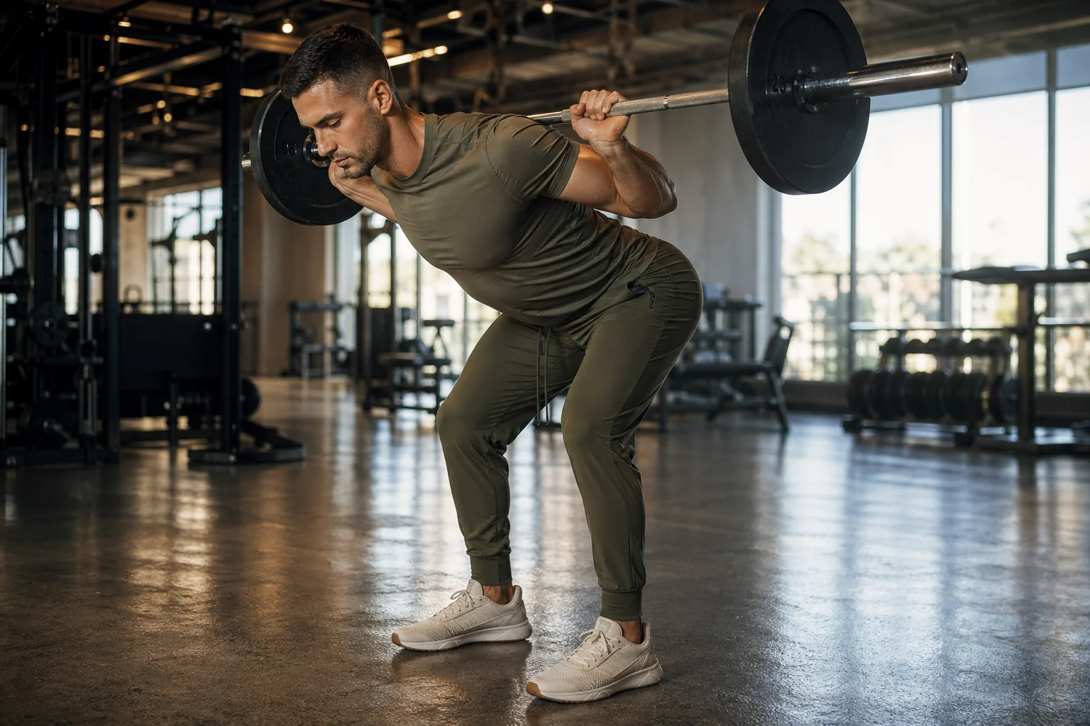 Athlète masculin exécutant un good morning à la barre, hinge contrôlé avec barre sur les trapèzes, dos neutre verrouillé