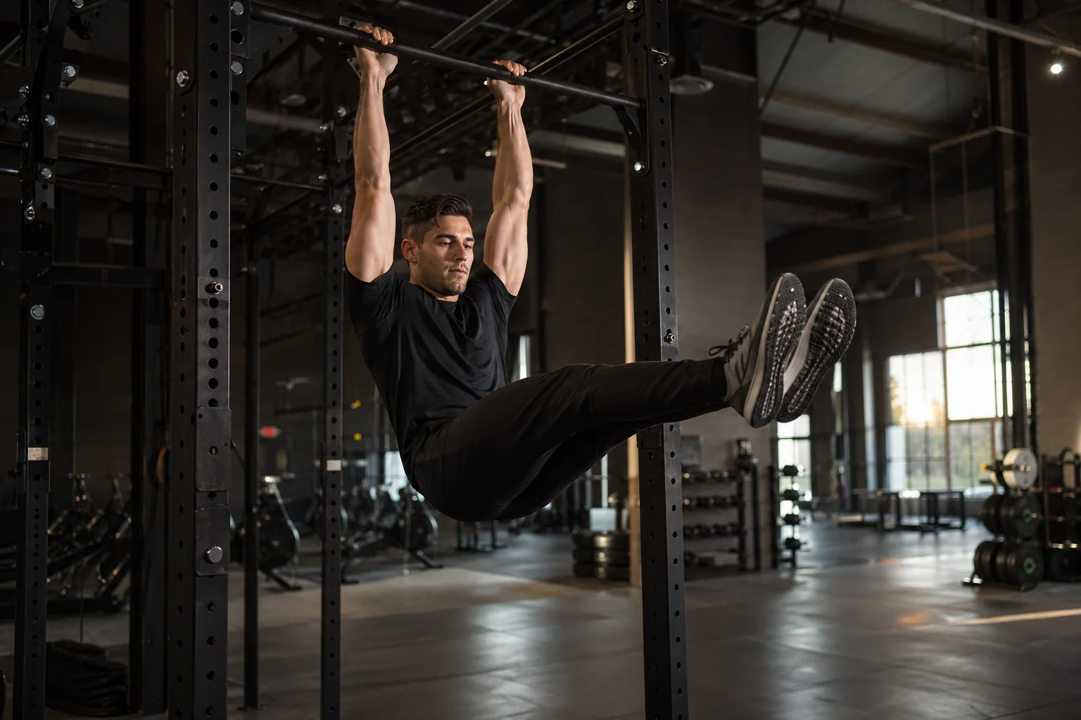 Athlète masculin exécutant un relevé de jambes suspendu strict à la barre fixe, jambes tendues à l'horizontale, bas-abdos contractés