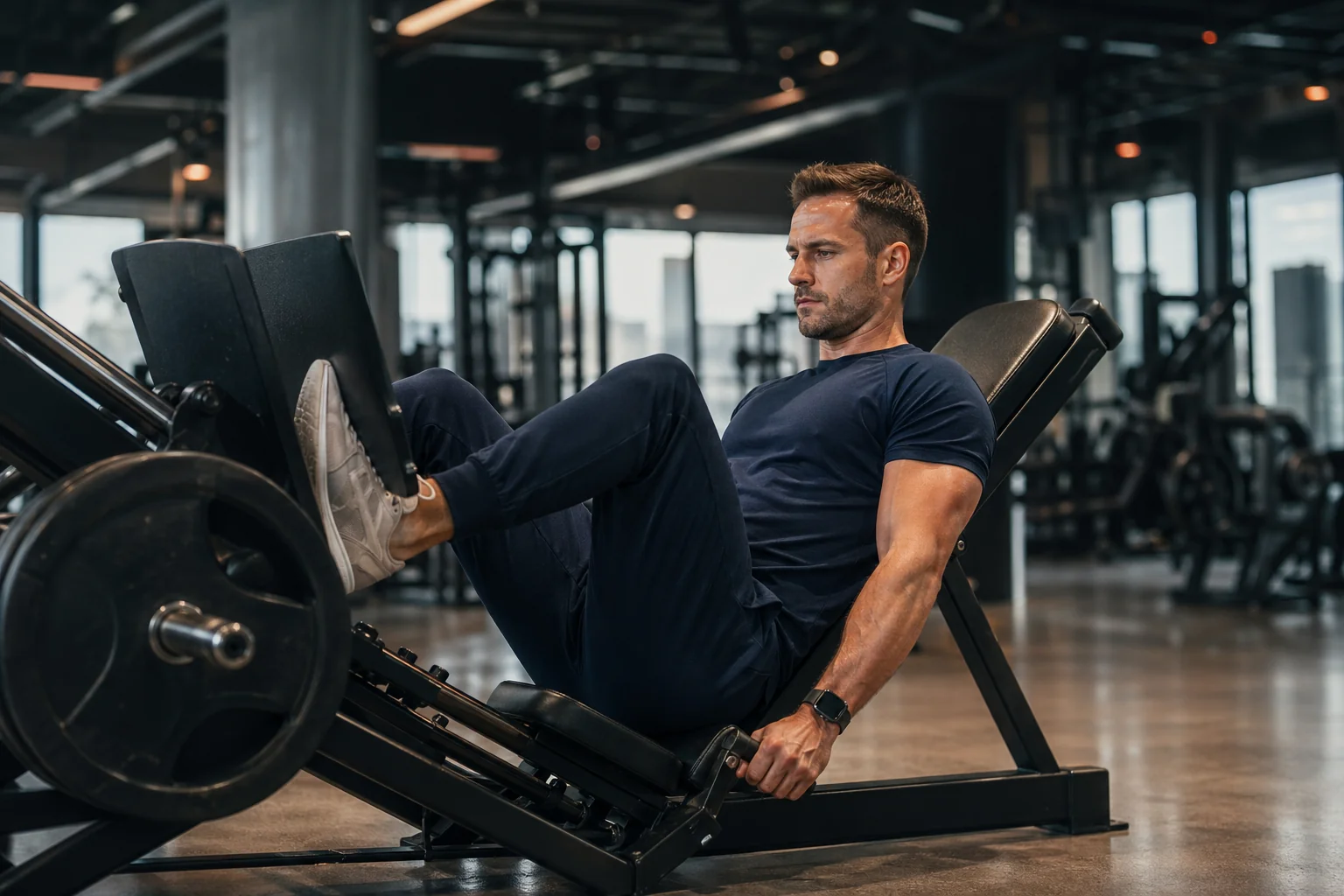 Athlète masculin exécutant un leg press 45 degrés, pieds largeur des épaules sur la plateforme, quadriceps et fessiers travaillés