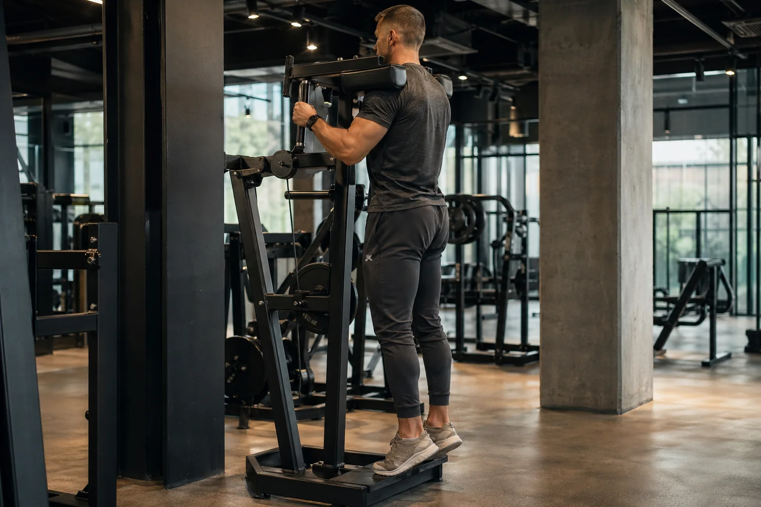 Athlète masculin exécutant un mollet debout à la machine, plantarflexion complète, gastrocnémiens contractés au sommet