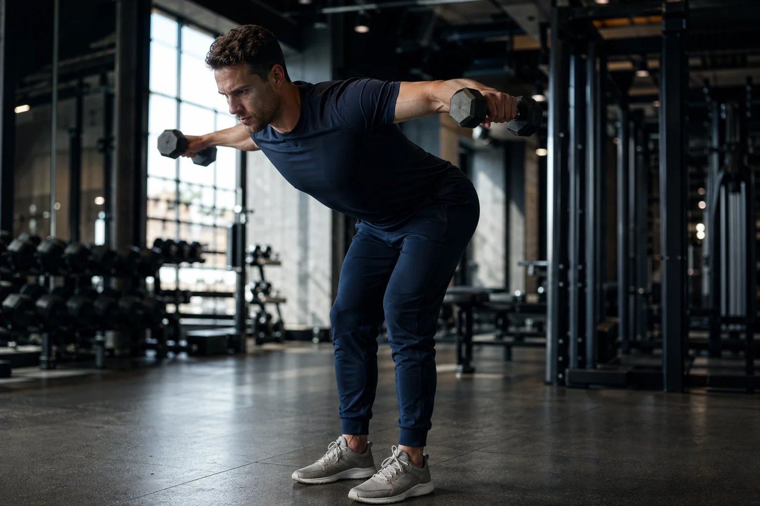 Athlète masculin exécutant un oiseau haltères buste penché, deltoïde postérieur isolé en élévation latérale arrière