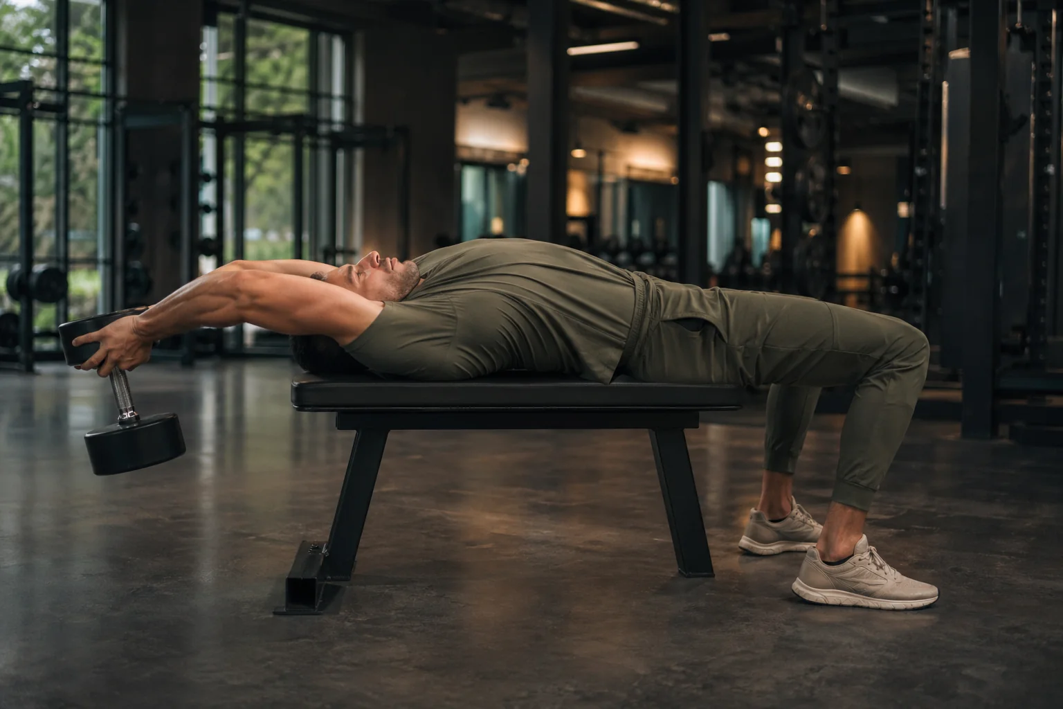 Athlète masculin exécutant un pull-over haltère sur banc, grand dorsal et grand pectoral étirés en allongé