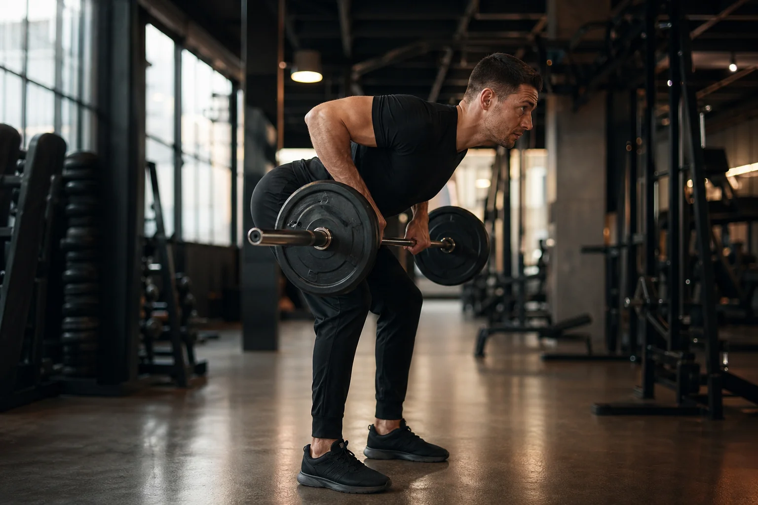 Athlète exécutant un rowing barre buste penché, dos parallèle au sol, dorsaux et rhomboïdes travaillés en épaisseur
