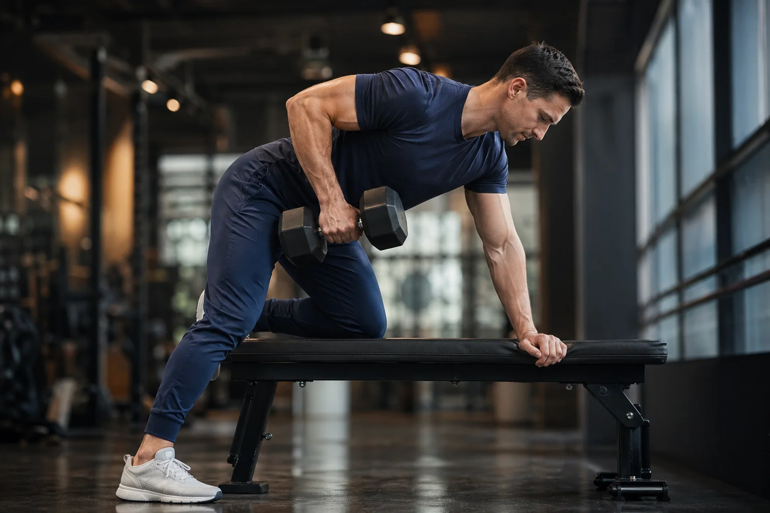 Athlète masculin exécutant un rowing haltère un bras, genou et main appuyés sur banc plat, grand dorsal travaillé en unilatéral