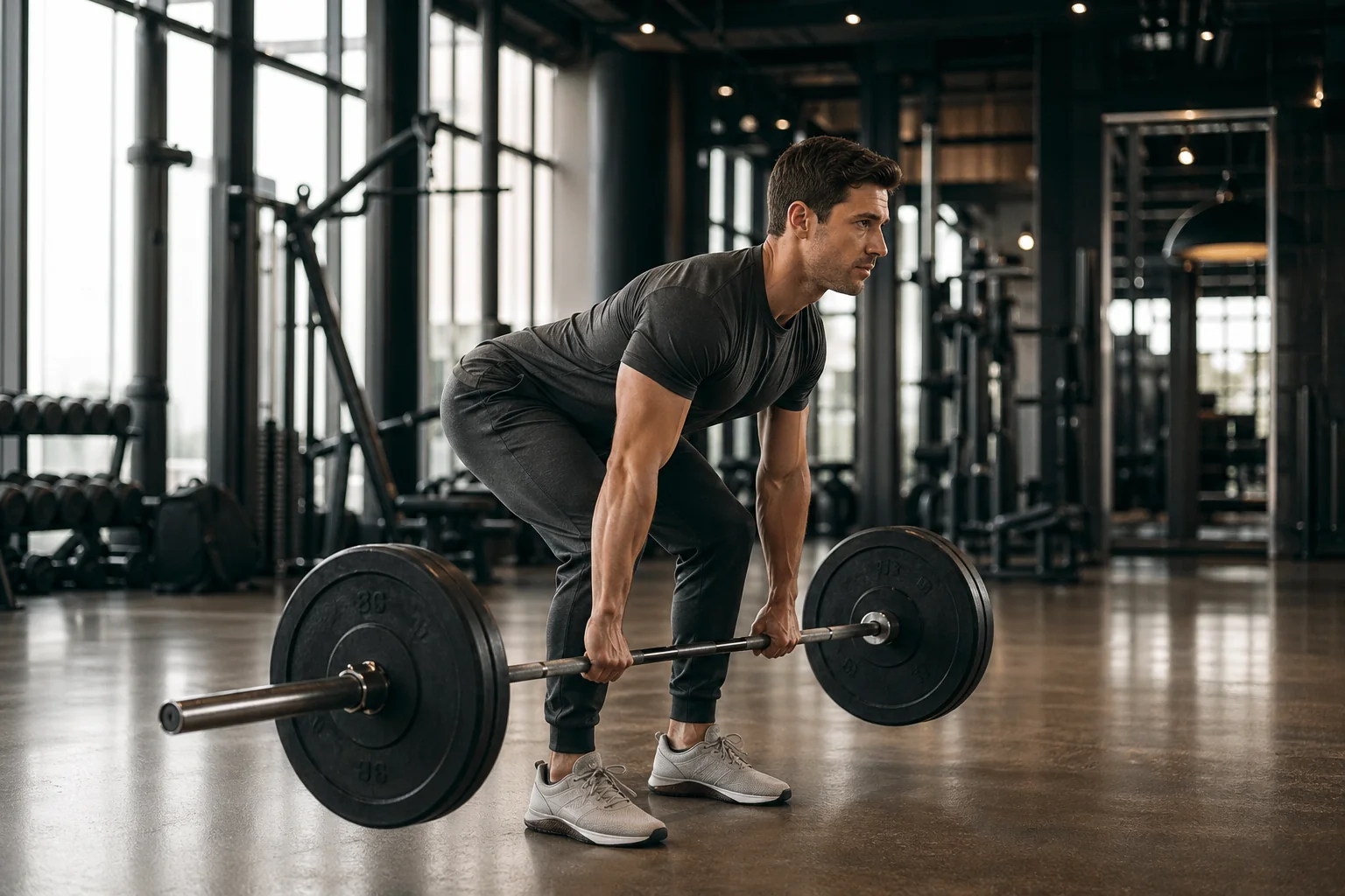 Athlète exécutant un soulevé de terre roumain RDL à la barre, hinge contrôlé, ischio-jambiers et fessiers travaillés