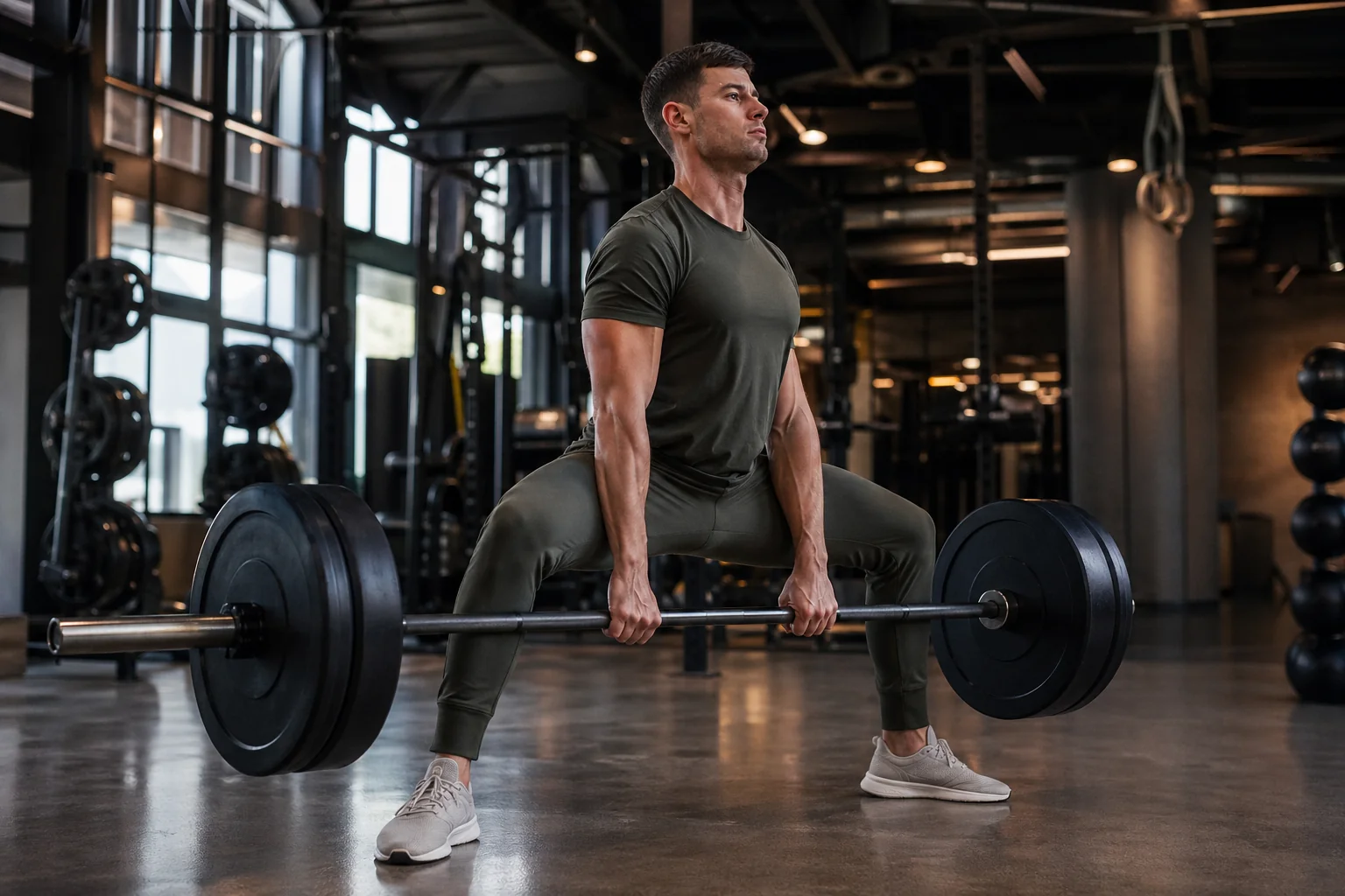 Athlète masculin exécutant un soulevé de terre sumo, stance large pieds très écartés et pointes ouvertes, barre saisie entre les jambes