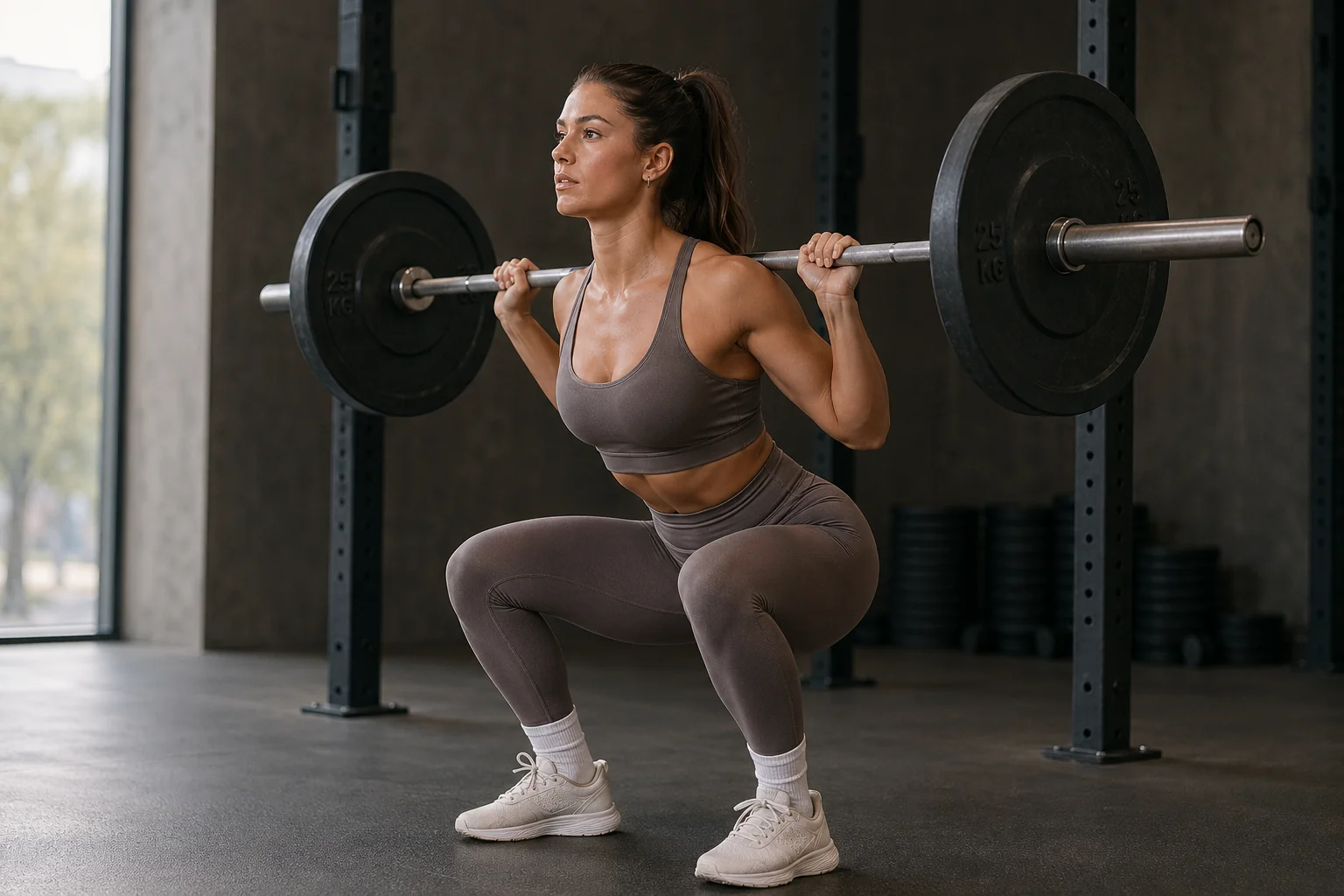 Athlète féminine exécutant un back squat (barre sur les épaules) dans une salle de sport, quadriceps et fessiers travaillés