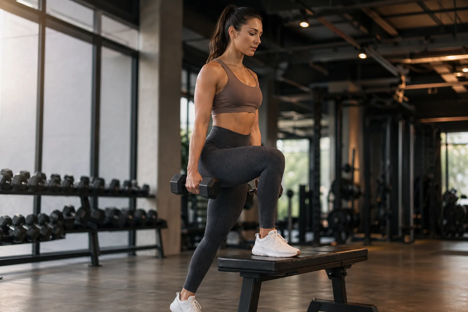 Athlète féminine exécutant un step-up aux haltères, montée sur banc plat, quadriceps et fessiers de la jambe d'appui travaillés