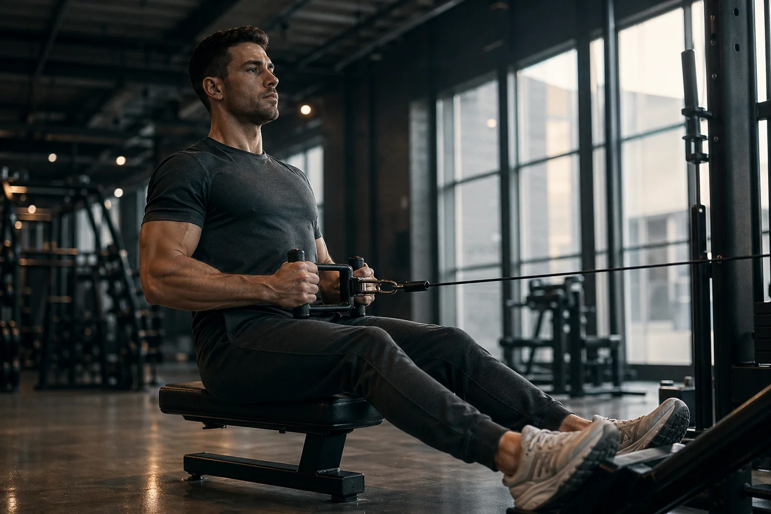 Athlète masculin exécutant un tirage horizontal poulie basse, prise neutre serrée, dos central et rhomboïdes travaillés