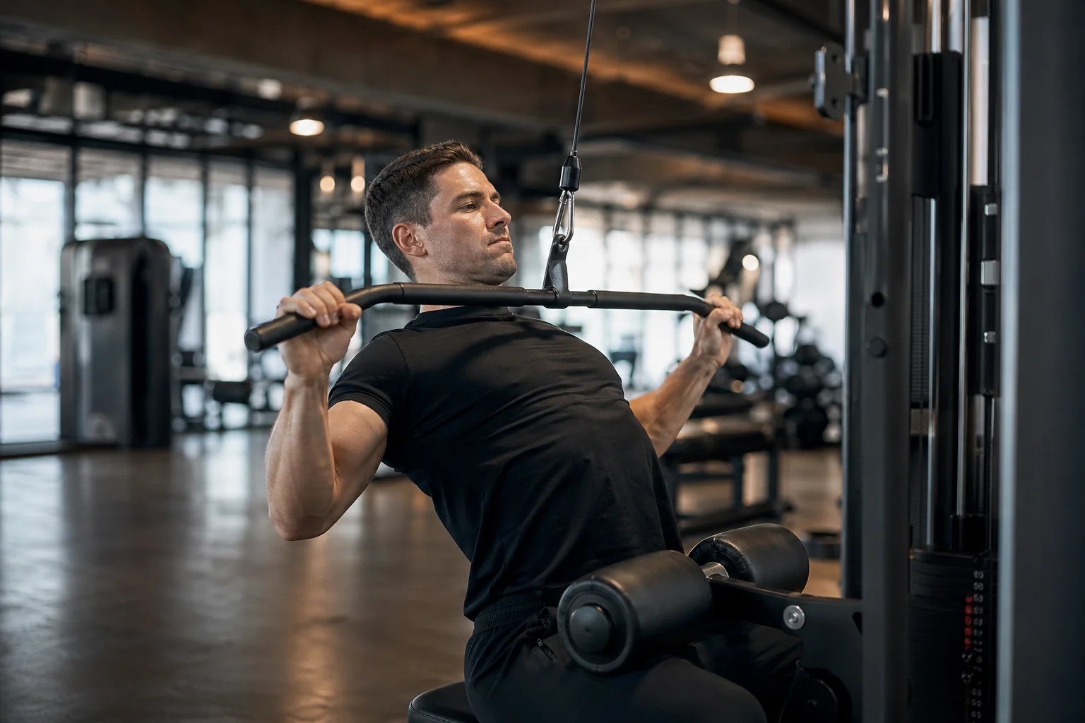 Athlète masculin exécutant un tirage vertical poulie haute, prise large pronation, grand dorsal et rhomboïdes travaillés