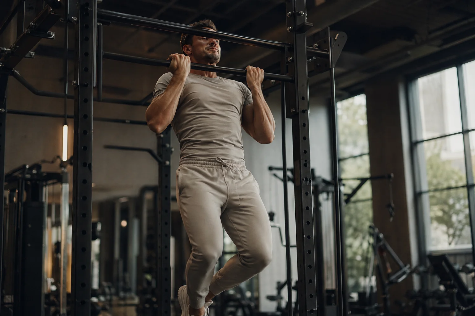 Athlète masculin exécutant un chin-up à la barre fixe en supination, biceps et grand dorsal travaillés