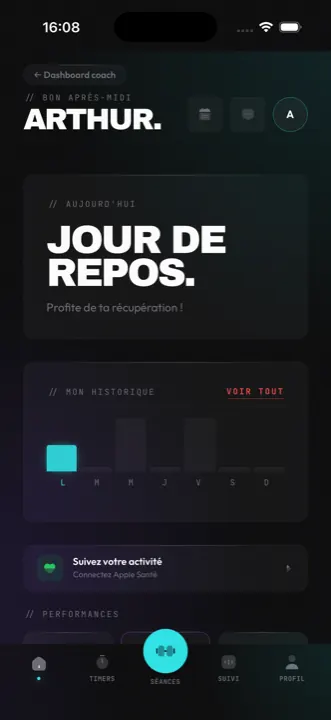 Dashboard Gym Studio jour de repos avec historique hebdomadaire et navigation séances, timers, suivi