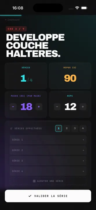 Écran séance de musculation Gym Studio : exercice machine convergente, séries, repos, charges et répétitions