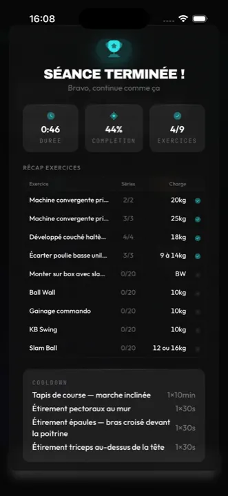 Écran récap séance Gym Studio : durée, taux de complétion et liste des charges et exercices effectués