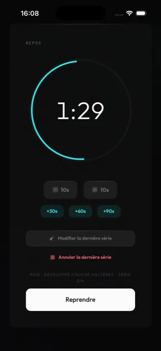 Écran timer de repos Gym Studio avec compte à rebours circulaire et contrôles +30s, +60s, +90s pour les séries