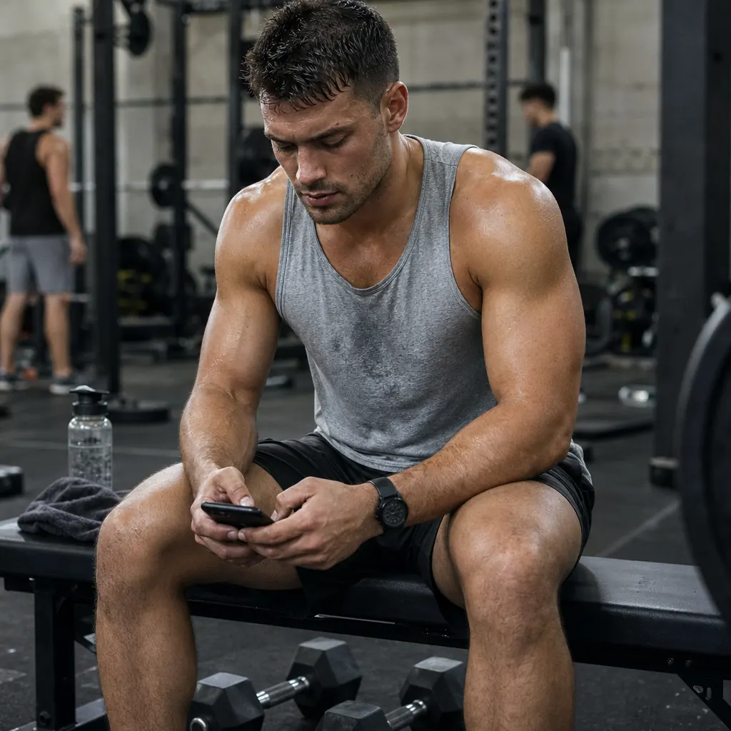 Athlète masculin assis sur un banc en salle de muscu entre deux séries, vérifiant un chronomètre sur son smartphone