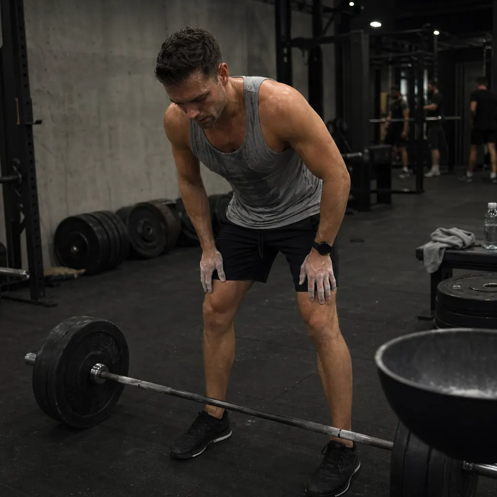 Athlète masculin en autonomie devant une barre olympique chargée, setup de soulevé de terre dans une salle de musculation premium